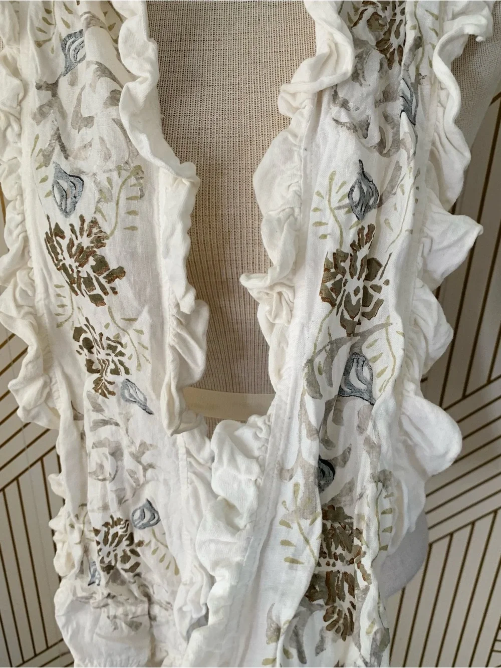 Blue Fish ruffle flutter hem Scarf cotton hand painted Lagenlook
